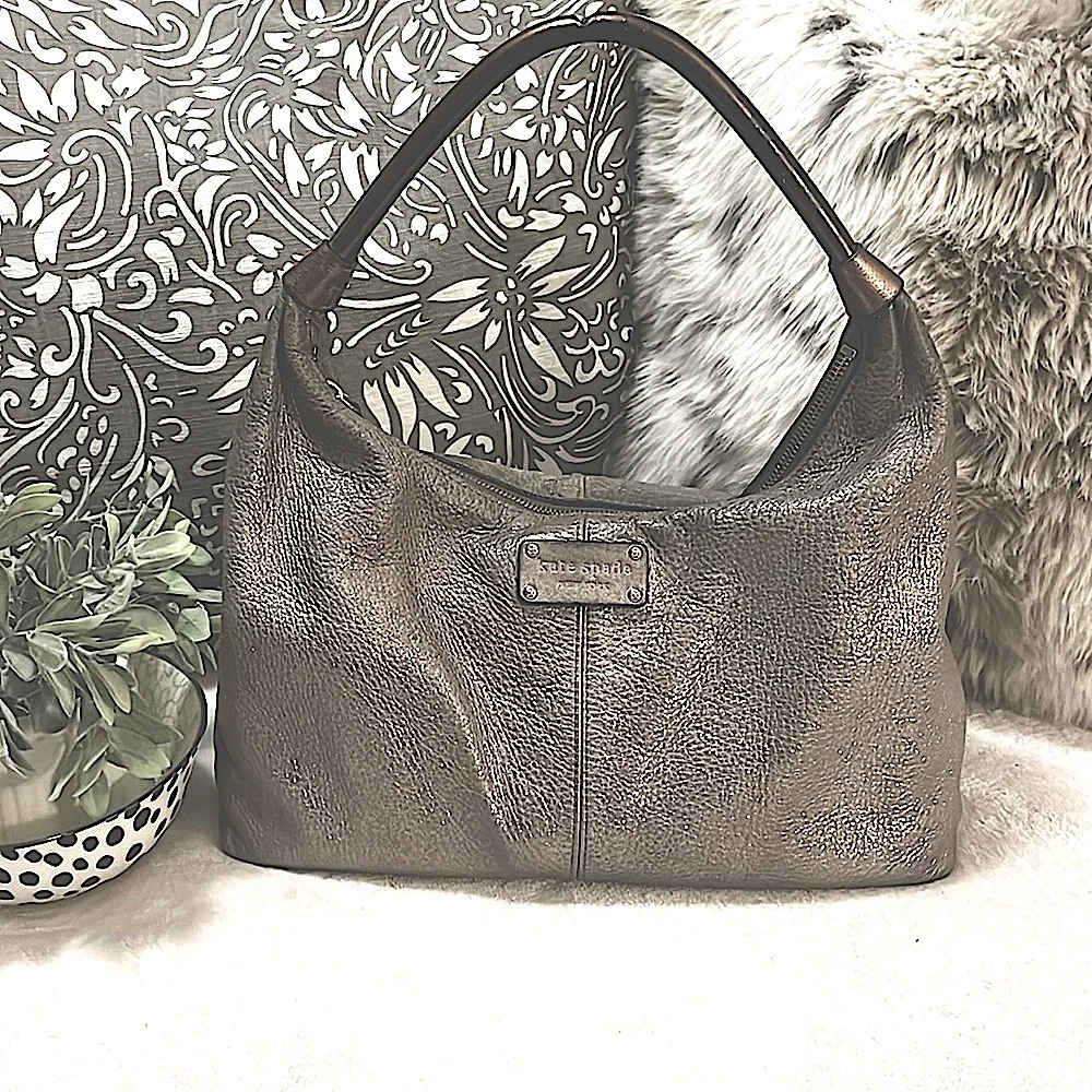 Kate Spade Macdougal Alley Metallic Pewter Janaya Hobo Leather Shoulder Bag